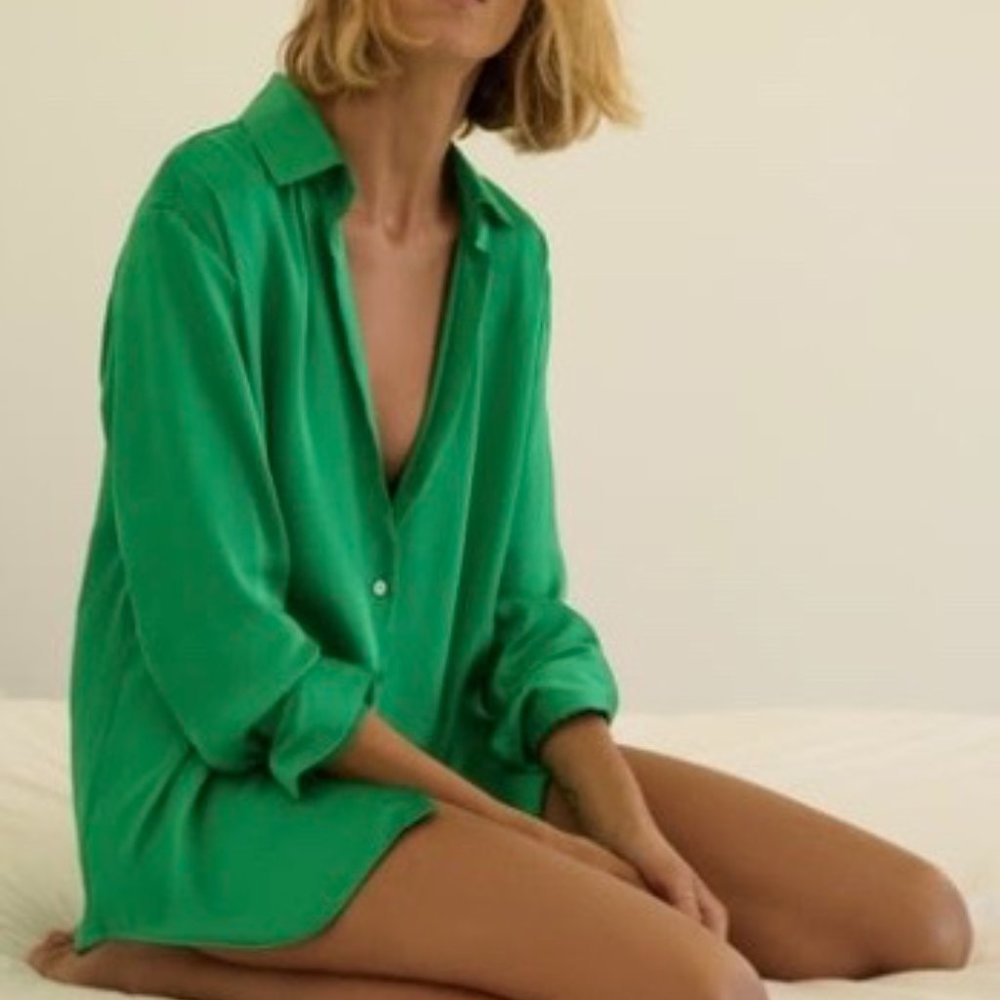 ZARA Satin Effect Basic Shirt Green NWT